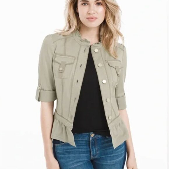 WHITE HOUSE BLACK MARKET Utility Peplum Crop Jacket Size 12 Field Jacket Ruffles - Picture 1 of 16